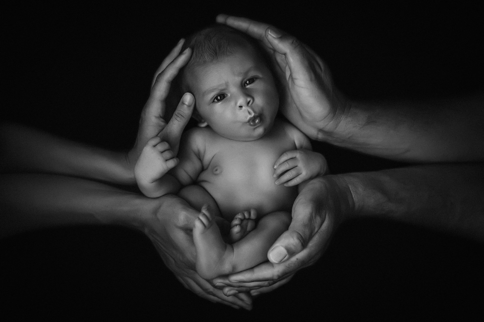 black and white baby in hands newborn photography image
